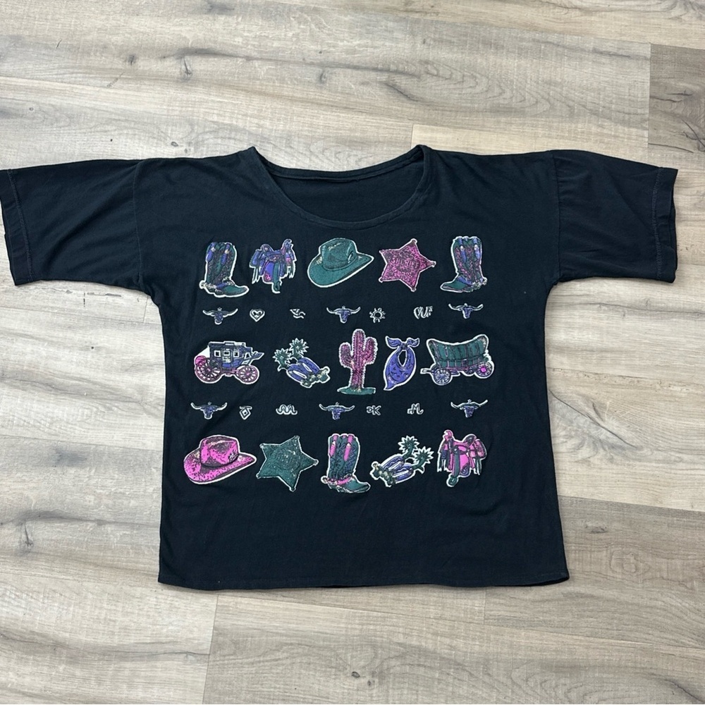 Vintage Western Cowboy Cowgirl Themed T-shirt Puff Purple Pink & Green Design